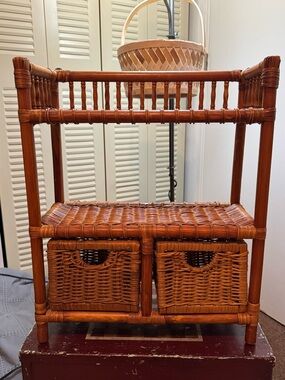 VINTAGE Woven Rattan Two-Tier Shelf with Drawers - Warm Honey Brown